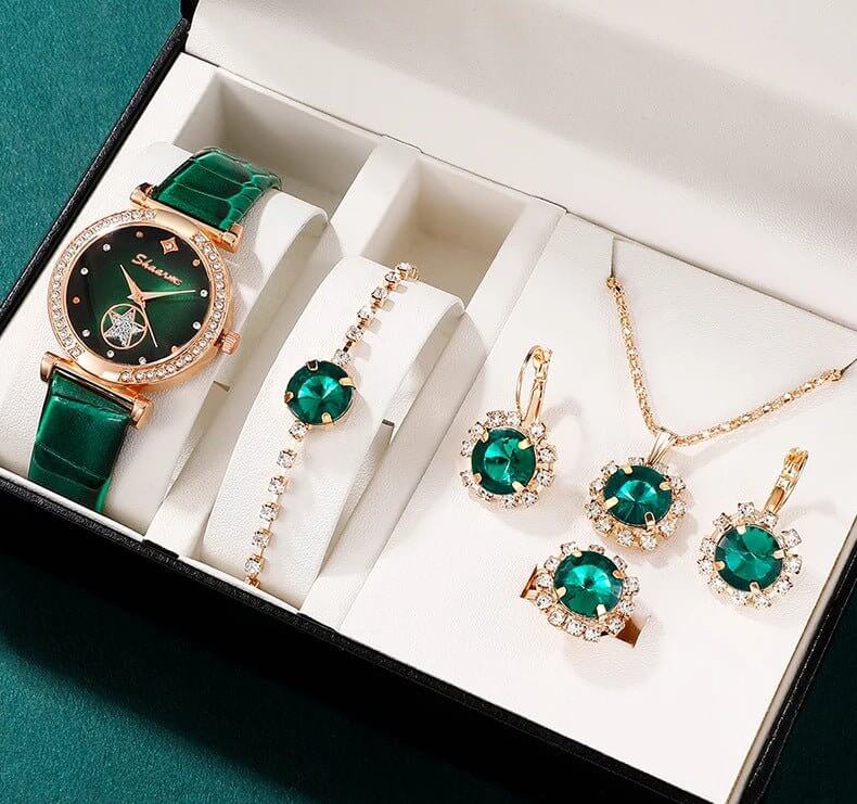Green Belt Ear Stud Necklace Bracelet Ring Suit $29.50 Dana Fashion Color: Green Women's Accessories Product information: Color: green Screen size: None Applicable people: students Battery capacity: 2 mA Style: dark style Packing list: Watch*1+earrings*1p