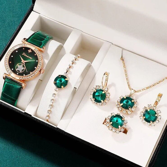 Green Belt Ear Stud Necklace Bracelet Ring Suit $29.50 Dana Fashion Color: Green Women's Accessories Product information: Color: green Screen size: None Applicable people: students Battery capacity: 2 mA Style: dark style Packing list: Watch*1+earrings*1p
