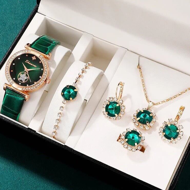 Green Belt Ear Stud Necklace Bracelet Ring Suit $29.50 Dana Fashion Color: Green Women's Accessories Product information: Color: green Screen size: None Applicable people: students Battery capacity: 2 mA Style: dark style Packing list: Watch*1+earrings*1p