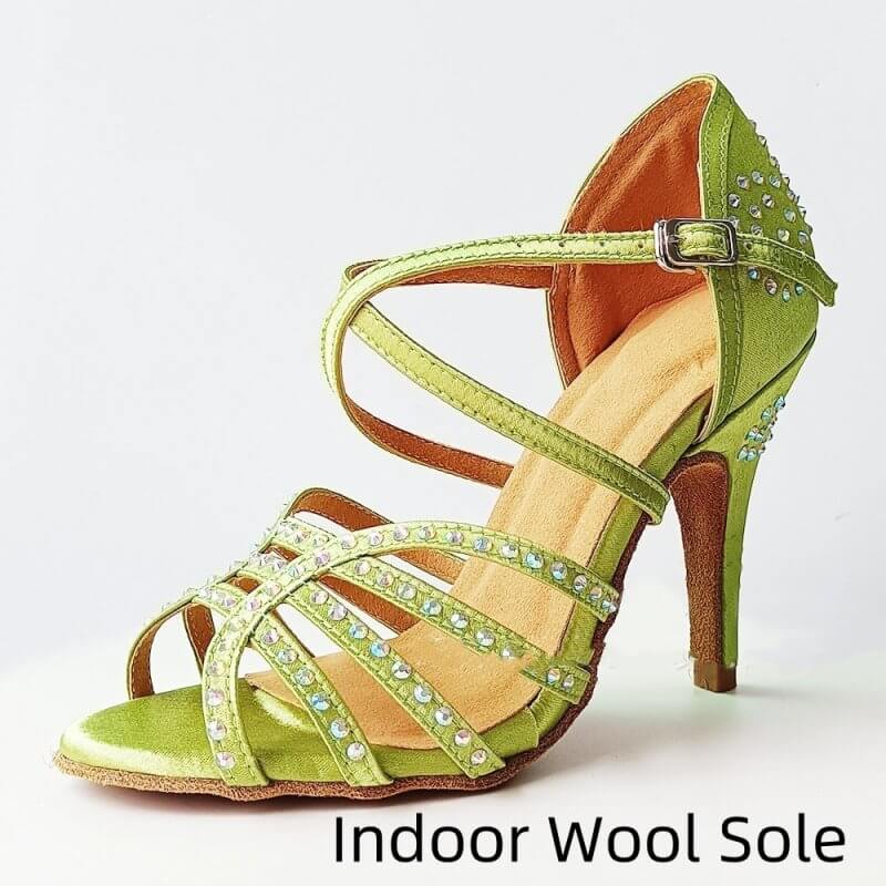 Green Rhinestone Latin Dance Shoes Women's High Heel Dancing Shoes $88.50 Dana Fashion Color: Green Indoor Wool Sole Size: 34 Please Input: 5.5CM heel Women's shoes Product information: Applicable scenario: Sports Dance Color: light green Shoe Upper mater