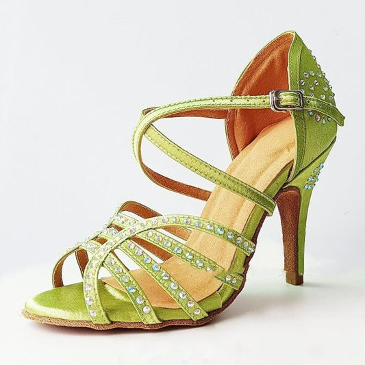 Green Rhinestone Latin Dance Shoes Women's High Heel Dancing Shoes $88.50 Dana Fashion Color: Green Indoor Wool Sole Size: 34 Please Input: 5.5CM heel Women's shoes Product information: Applicable scenario: Sports Dance Color: light green Shoe Upper mater