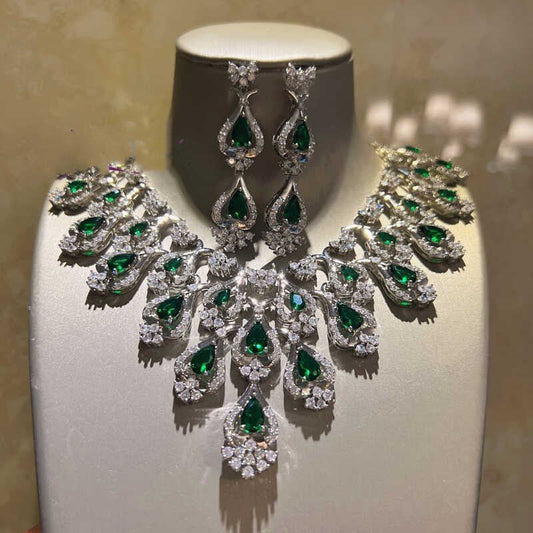 Green Zircon Evening Dress Accessories Necklace Earrings $347.50 Dana Fashion Color: Emerald Green Women's Accessories Product information: Material: zircon/Rhinestone Product Type: Ornament Color classification: Emerald Green Size: Necklace length 42cm,