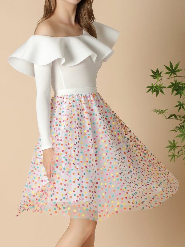 Half-length A- Line Gauze Skirt Pleated Mid-length $45.00 Dana Fashion Color: Dot White Size: Free Size Women's clothing Product information: Skirt-type: pleated skirt Color: colorful, Dot White Elasticity: Micro-elastic Main fabric composition: Polyester