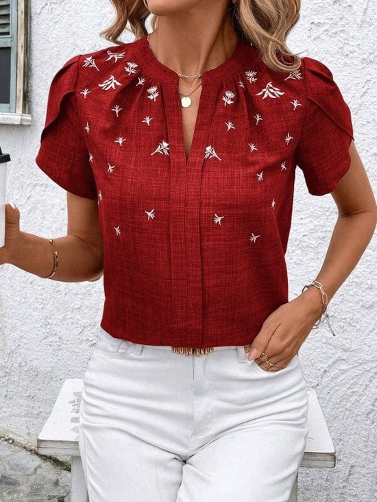 Half-open Collar Short Sleeve Shoulder Creasing Printed Shirt Women's Blouse $44.90 Dana Fashion Color: Wine Red Size: L Women's clothing Product information: Fabric name: Polyester Color: wine red, green, black, royal blue, khaki Main fabric composition: