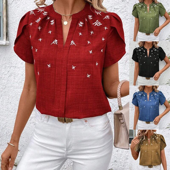Half-open Collar Short Sleeve Shoulder Creasing Printed Shirt Women's Blouse $44.90 Dana Fashion Color: Black Size: L Women's clothing Product information: Fabric name: Polyester Color: wine red, green, black, royal blue, khaki Main fabric composition: Po