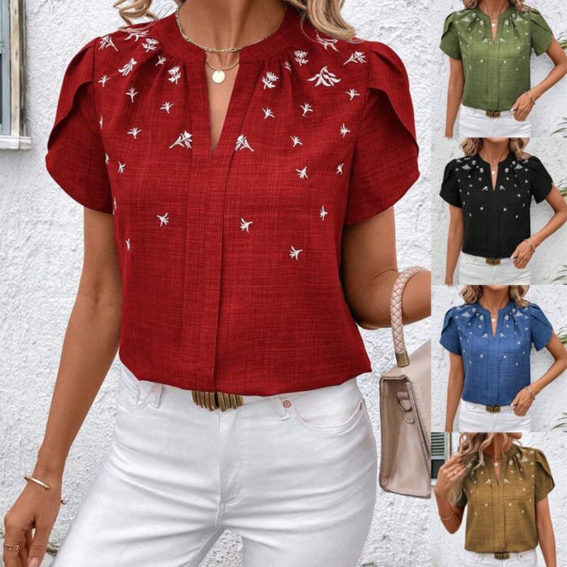 Half-open Collar Short Sleeve Shoulder Creasing Printed Shirt Women's Blouse $44.90 Dana Fashion Color: Black Size: L Women's clothing Product information: Fabric name: Polyester Color: wine red, green, black, royal blue, khaki Main fabric composition: Po