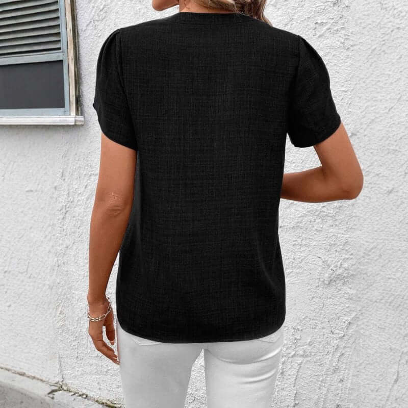 Half-open Collar Short Sleeve Shoulder Creasing Printed Shirt Women's Blouse $44.90 Dana Fashion Color: Black Size: L Women's clothing Product information: Fabric name: Polyester Color: wine red, green, black, royal blue, khaki Main fabric composition: Po