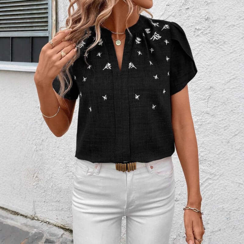 Half-open Collar Short Sleeve Shoulder Creasing Printed Shirt Women's Blouse $44.90 Dana Fashion Color: Black Size: L Women's clothing Product information: Fabric name: Polyester Color: wine red, green, black, royal blue, khaki Main fabric composition: Po