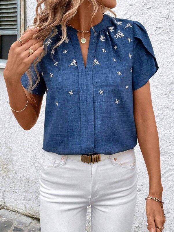 Half-open Collar Short Sleeve Shoulder Creasing Printed Shirt Women's Blouse $44.90 Dana Fashion Color: Sapphire Blue Size: L Women's clothing Product information: Fabric name: Polyester Color: wine red, green, black, royal blue, khaki Main fabric composi