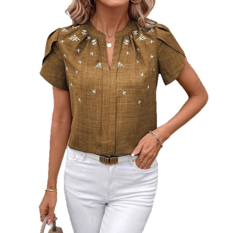 Half-open Collar Short Sleeve Shoulder Creasing Printed Shirt Women's Blouse $44.90 Dana Fashion Color: Black Size: L Women's clothing Product information: Fabric name: Polyester Color: wine red, green, black, royal blue, khaki Main fabric composition: Po