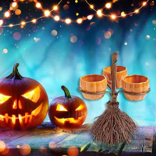 Halloween Broom Pumpkin Snack Bowl Rack Decorations Home Decor $61.66 Dana Fashion Color: Four cups Dana's Kitchen Product information: Material: Synthetic resin Process: resin process Size: about 7cm in diameter and height: about 10cm 3 cups package 18*1