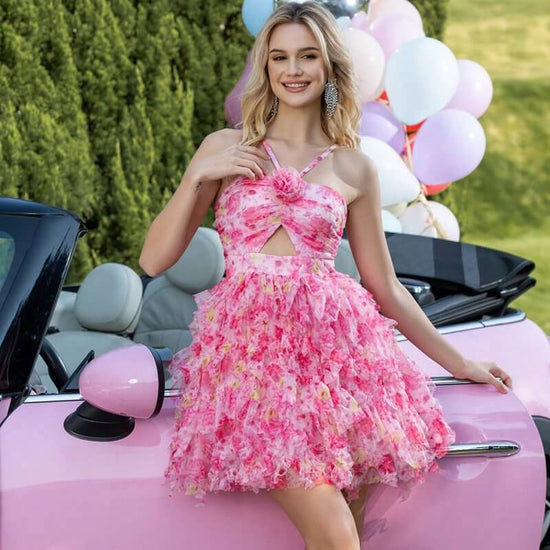 Halterneck With Suspenders Chiffon Mini Dress $96.88 Dana Fashion Color: Pk Pink Size: L Women's clothing Product information: Pattern: Printing Skirt type: cake dress Color: DMZ231248-PK pink Waist Type: Mid waist Size: XS,S,M,L Combination form: Single