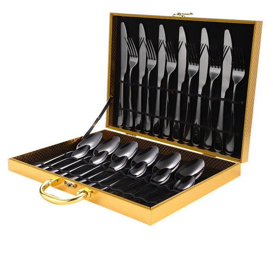 High-end tableware 24 piece set $90.50 Dana Fashion Color: Black Dana's Kitchen Material: stainless steel Features: one-piece molding / beautiful Category: table knife / fork / table spoon / tea spoon