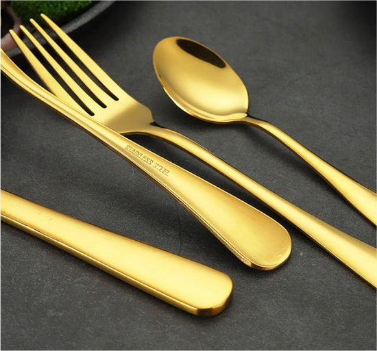 High-end tableware 24 piece set $90.50 Dana Fashion Color: Black Dana's Kitchen Material: stainless steel Features: one-piece molding / beautiful Category: table knife / fork / table spoon / tea spoon