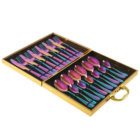 High-end tableware 24 piece set $90.50 Dana Fashion Color: Black color Dana's Kitchen Material: stainless steel Features: one-piece molding / beautiful Category: table knife / fork / table spoon / tea spoon
