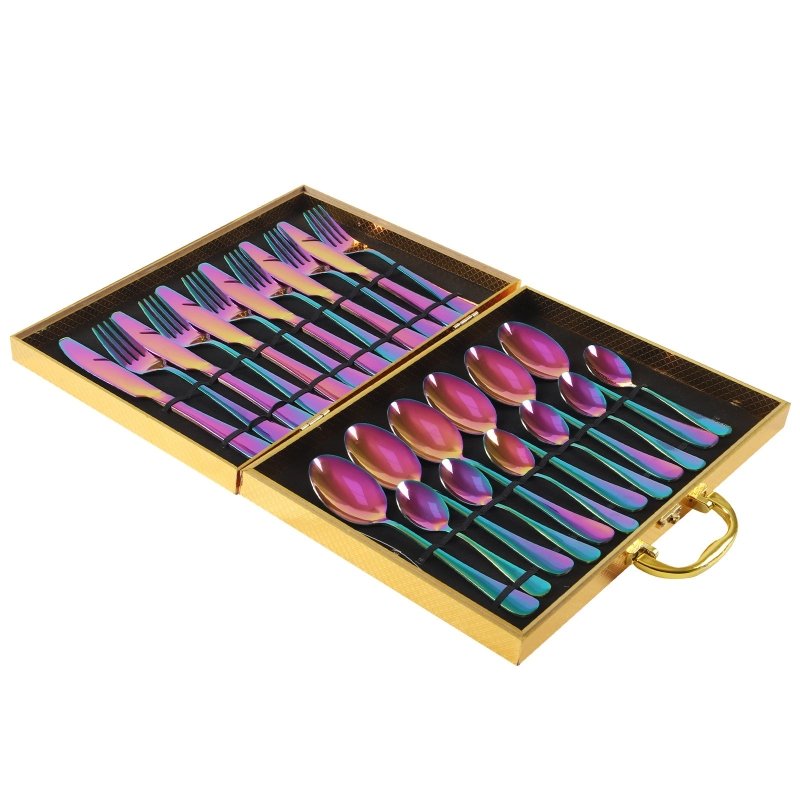 High-end tableware 24 piece set $90.50 Dana Fashion Color: Black color Dana's Kitchen Material: stainless steel Features: one-piece molding / beautiful Category: table knife / fork / table spoon / tea spoon