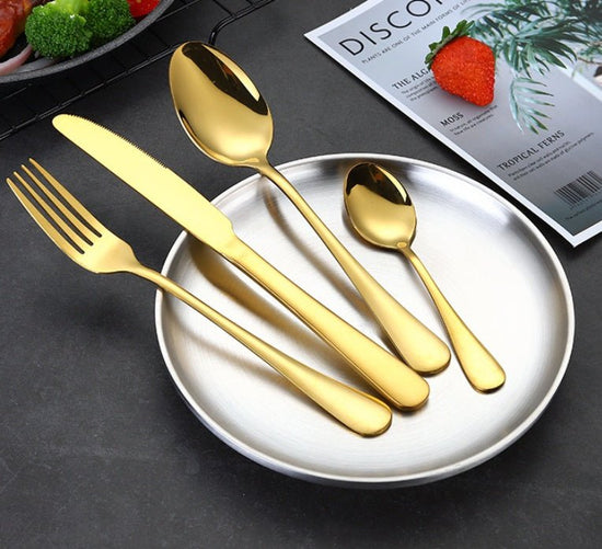 High-end tableware 24 piece set $90.50 Dana Fashion Color: Black Dana's Kitchen Material: stainless steel Features: one-piece molding / beautiful Category: table knife / fork / table spoon / tea spoon