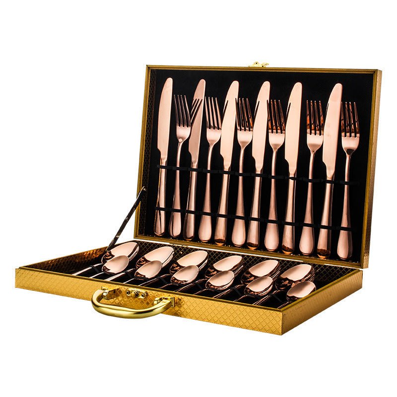 High-end tableware 24 piece set $90.50 Dana Fashion Color: Rose gold Dana's Kitchen Material: stainless steel Features: one-piece molding / beautiful Category: table knife / fork / table spoon / tea spoon