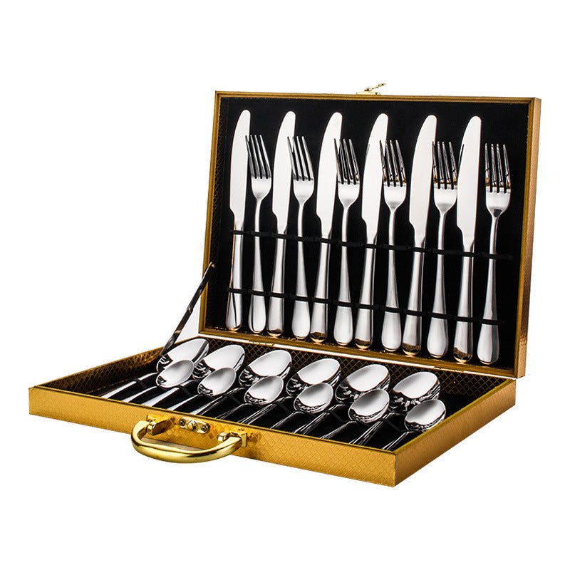 High-end tableware 24 piece set $90.50 Dana Fashion Color: Primary color Dana's Kitchen Material: stainless steel Features: one-piece molding / beautiful Category: table knife / fork / table spoon / tea spoon