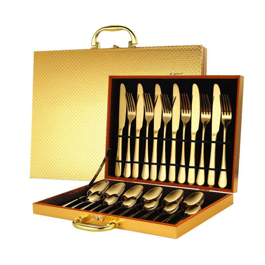 High-end tableware 24 piece set $90.50 Dana Fashion Color: Black Dana's Kitchen Material: stainless steel Features: one-piece molding / beautiful Category: table knife / fork / table spoon / tea spoon