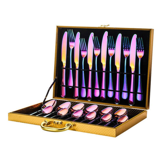 High-end tableware 24 piece set $90.50 Dana Fashion Color: Colorful Dana's Kitchen Material: stainless steel Features: one-piece molding / beautiful Category: table knife / fork / table spoon / tea spoon