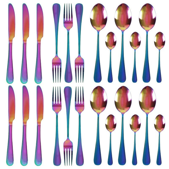 High-end tableware 24 piece set $90.50 Dana Fashion Color: Black Dana's Kitchen Material: stainless steel Features: one-piece molding / beautiful Category: table knife / fork / table spoon / tea spoon