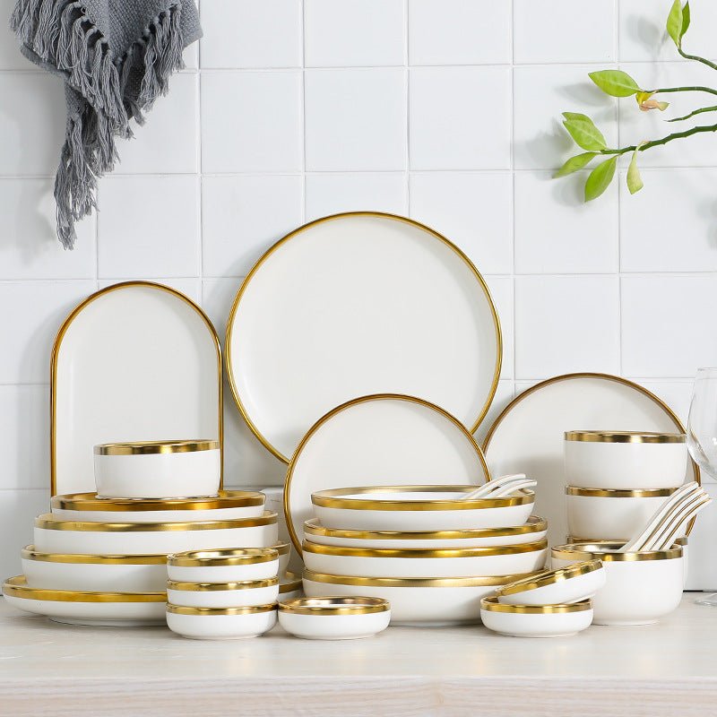 High-end tableware set $135.29 Dana Fashion Quantity: Q9pcs Set Dana's Kitchen Name: Nordic gold-plated tableware series Header: multiple configurations are optional Material: Ceramic Color: matte white Features: Delicate texture and multi-vessel type Pac