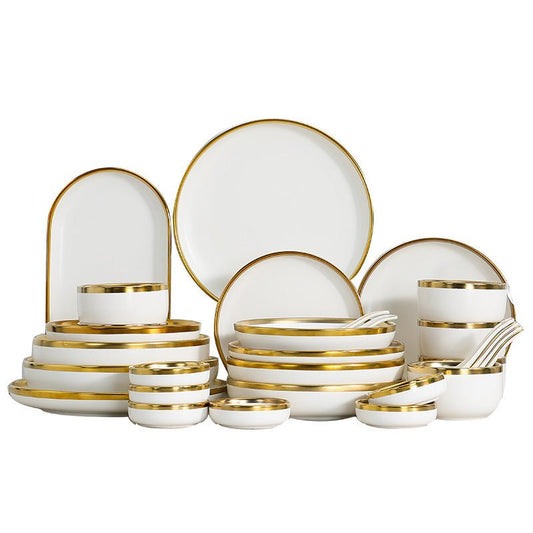 High-end tableware set $135.29 Dana Fashion Quantity: Q9pcs Set Dana's Kitchen Name: Nordic gold-plated tableware series Header: multiple configurations are optional Material: Ceramic Color: matte white Features: Delicate texture and multi-vessel type Pac