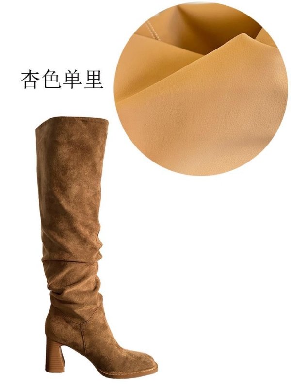High Leg Boot High Heel Riding Boots Square Head Small Thick Leg Length $145.50 Dana Fashion Color: Beige Single Lining Size: 34 Women's clothing Product information: Pattern: solid color Inner material: Microfiber Color: Apricot (single lining), Black (s
