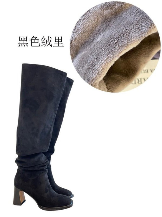 High Leg Boot High Heel Riding Boots Square Head Small Thick Leg Length $145.50 Dana Fashion Color: Black With Velvet Lining Size: 34 Women's clothing Product information: Pattern: solid color Inner material: Microfiber Color: Apricot (single lining), Bla