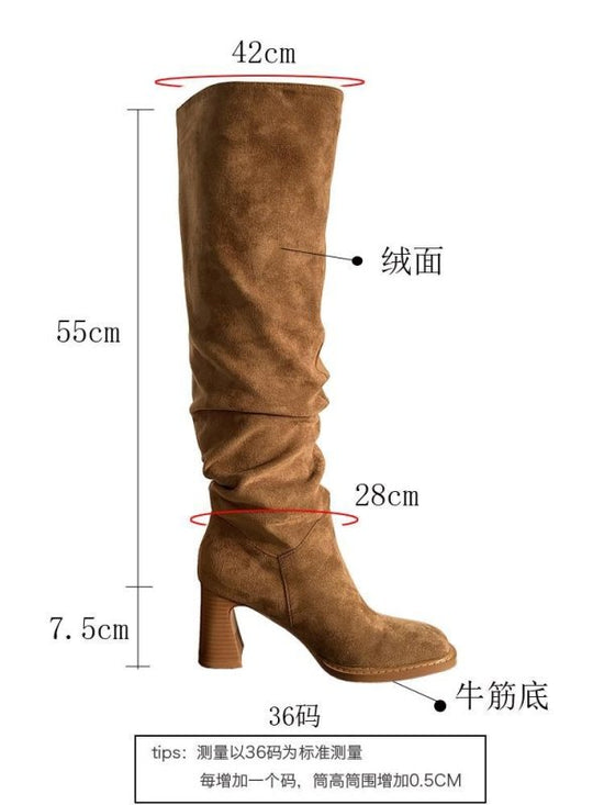 High Leg Boot High Heel Riding Boots Square Head Small Thick Leg Length $145.50 Dana Fashion Color: Beige Single Lining Size: 34 Women's clothing Product information: Pattern: solid color Inner material: Microfiber Color: Apricot (single lining), Black (s