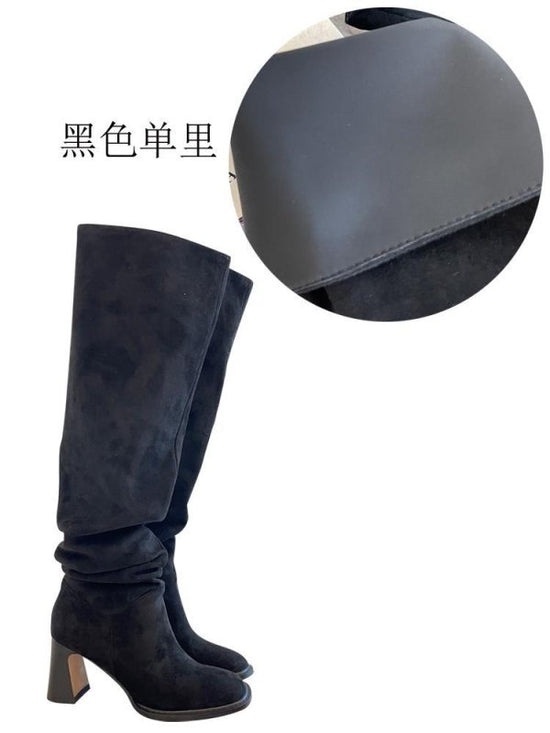 High Leg Boot High Heel Riding Boots Square Head Small Thick Leg Length $145.50 Dana Fashion Color: Black Single Liner Size: 34 Women's clothing Product information: Pattern: solid color Inner material: Microfiber Color: Apricot (single lining), Black (si