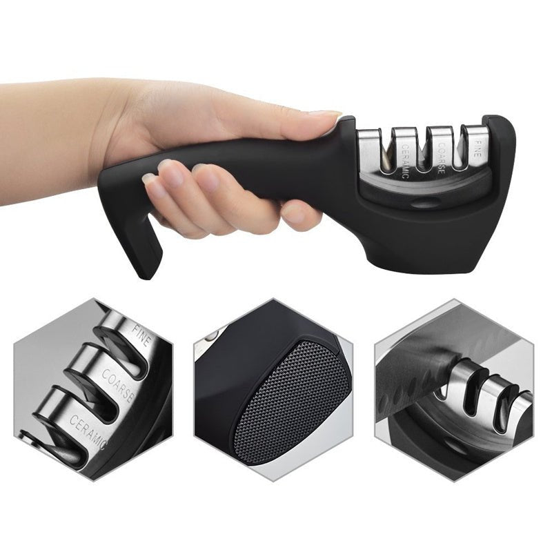 High Quality Professional Knife Sharpener $29.50 Dana Fashion Color: Black Dana's Kitchen Overview: 1. Stylish and safe design, easy to clean and store. 2. Anti-slip rubber feet to ensure stability when sharpening the knife 3. Three-level sharpening (fine
