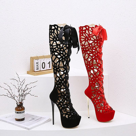 High-top Lace-up Peep Toe Hollow-out High Heels $79.90 Dana Fashion Color: Black Size: 35 Women's shoes Product information: Lining material: Pu Toe holder shape: Fish Mouth Color: black, red Shoe Upper material: Matte Size: 35,36,37,38,39,40,41,42 Wearin