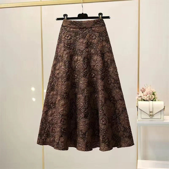 High Waist Hollow-out Floral Large Swing Umbrella Skirt $28.50 Dana Fashion Color: Dark Brown Size: 2XL Women's clothing Product information: Pattern: Flowers Color: Black, apricot, dark brown Main fabric composition: Polyester (polyester fiber) Size: S,M