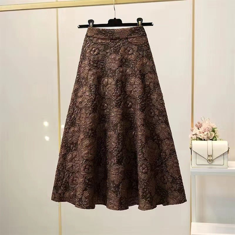 High Waist Hollow-out Floral Large Swing Umbrella Skirt $28.50 Dana Fashion Color: Dark Brown Size: 2XL Women's clothing Product information: Pattern: Flowers Color: Black, apricot, dark brown Main fabric composition: Polyester (polyester fiber) Size: S,M