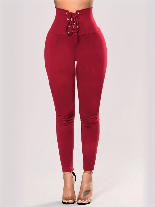 High Waist Lace-up Belly Contracting And Close-fitting Leggings $37.76 Dana Fashion Color: Wine Red Size: L Women's clothing Product information: Color: black, dark brown, Rose Red, wine red, purple leopard print, small purple flower Elasticity: high elas