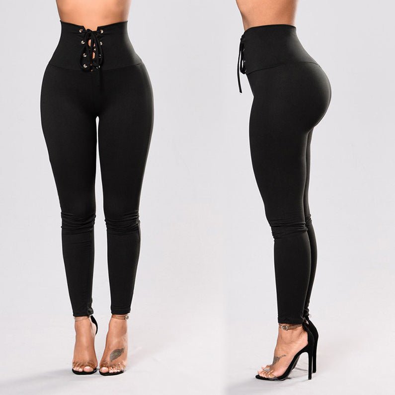 High Waist Lace-up Belly Contracting And Close-fitting Leggings $37.76 Dana Fashion Color: Black Size: L Women's clothing Product information: Color: black, dark brown, Rose Red, wine red, purple leopard print, small purple flower Elasticity: high elastic