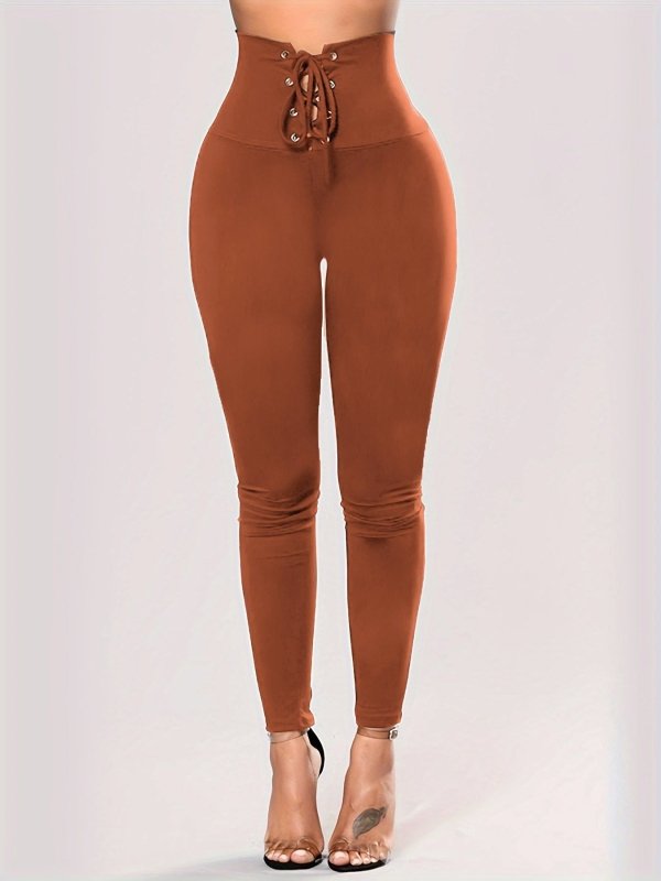High Waist Lace-up Belly Contracting And Close-fitting Leggings $37.76 Dana Fashion Color: Dark Brown Size: L Women's clothing Product information: Color: black, dark brown, Rose Red, wine red, purple leopard print, small purple flower Elasticity: high el