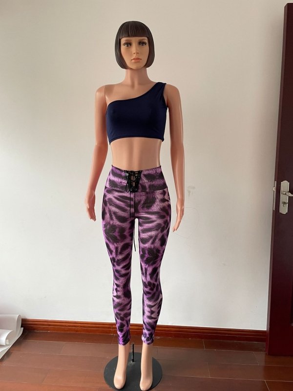 High Waist Lace-up Belly Contracting And Close-fitting Leggings $37.76 Dana Fashion Color: Purple Leopard Print Size: L Women's clothing Product information: Color: black, dark brown, Rose Red, wine red, purple leopard print, small purple flower Elasticit
