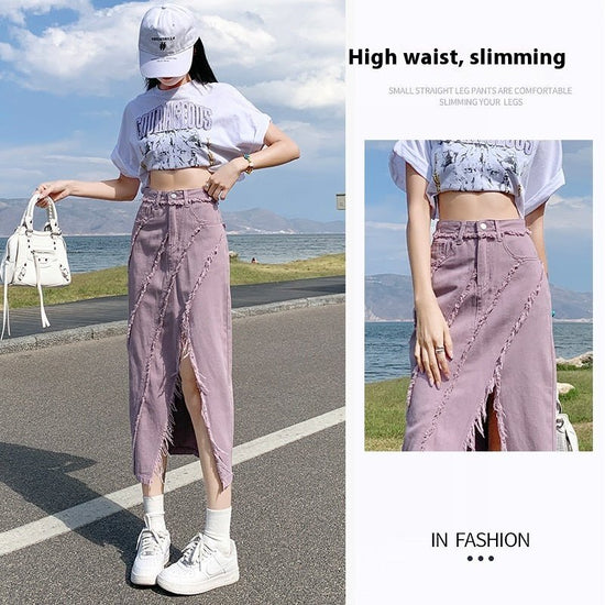 High Waist Slimming Mid-length A- Line Sheath Split Skirt $48.79 Dana Fashion Color: Dark Purple Size: L Women's clothing Product information: Fabric name: denim Skirt-type: A- line skirt Color: Dirty Pink, dark purple Elasticity: no elasticity Main fabri