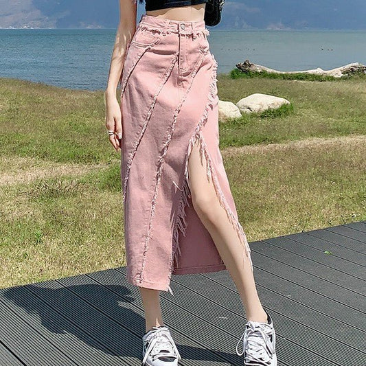 High Waist Slimming Mid-length A- Line Sheath Split Skirt $48.79 Dana Fashion Color: Dark Purple Size: L Women's clothing Product information: Fabric name: denim Skirt-type: A- line skirt Color: Dirty Pink, dark purple Elasticity: no elasticity Main fabri