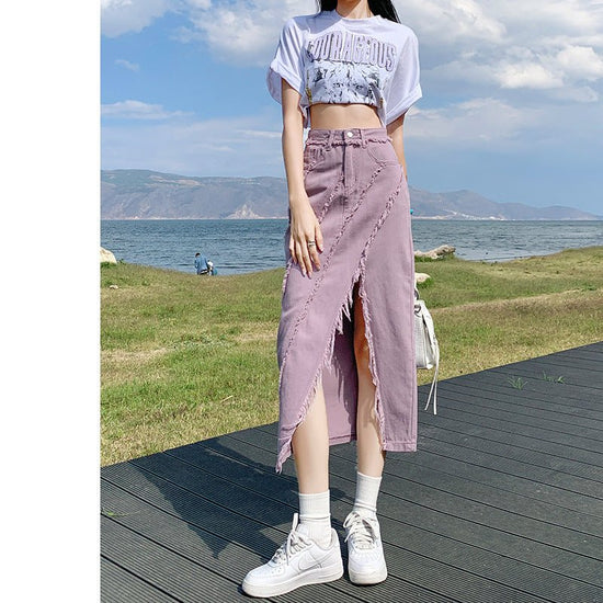 High Waist Slimming Mid-length A- Line Sheath Split Skirt $48.79 Dana Fashion Color: Dark Purple Size: L Women's clothing Product information: Fabric name: denim Skirt-type: A- line skirt Color: Dirty Pink, dark purple Elasticity: no elasticity Main fabri