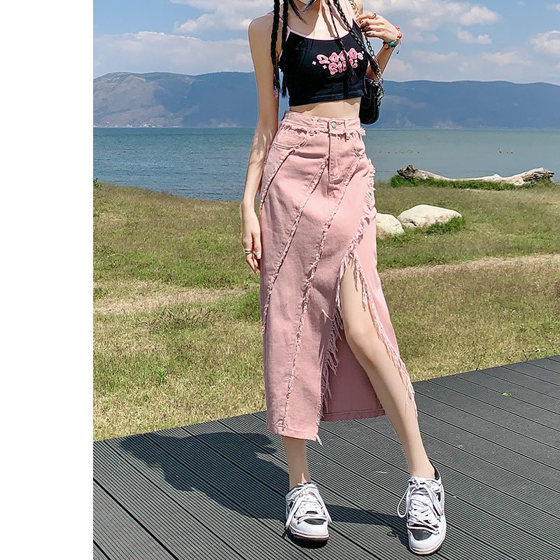 High Waist Slimming Mid-length A- Line Sheath Split Skirt $48.79 Dana Fashion Color: Dirty Pink Size: L Women's clothing Product information: Fabric name: denim Skirt-type: A- line skirt Color: Dirty Pink, dark purple Elasticity: no elasticity Main fabric