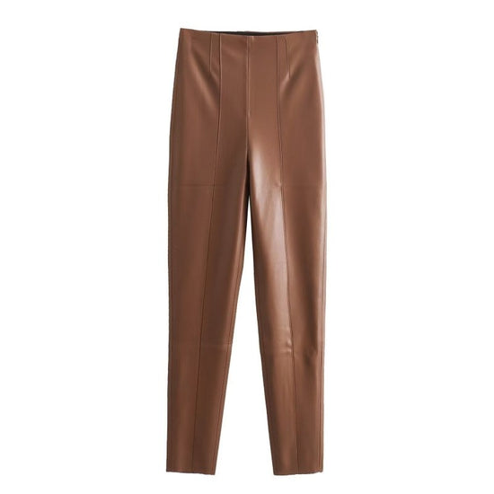 High Waist Slimming Skinny Leather Pants Women $49.00 Dana Fashion Color: Brown Size: L Women's clothing Product information: Color: Black, Milky White, Brown Elasticity: Micro elasticity Main fabric composition: PU Size: XS,S,M,L Pants type: straight-leg