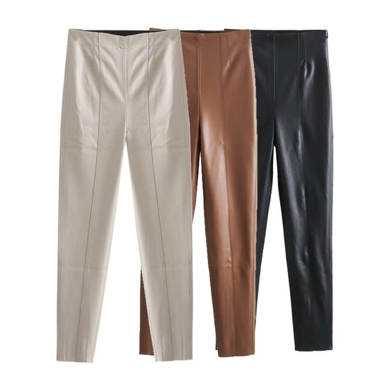 High Waist Slimming Skinny Leather Pants Women $49.00 Dana Fashion Color: Beige Size: L Women's clothing Product information: Color: Black, Milky White, Brown Elasticity: Micro elasticity Main fabric composition: PU Size: XS,S,M,L Pants type: straight-leg