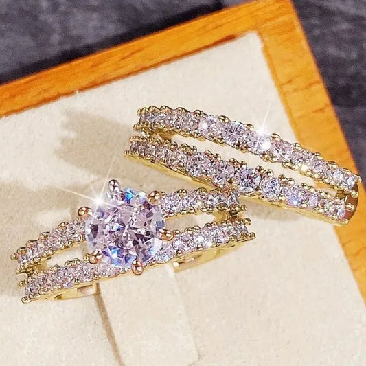 Hollow Double Layer Zircon Engagement Ring Set $20.50 Dana Fashion Color: Gold Size: No 10 Women's Accessories Product information: Type: Ring Treatment Process: Electroplating Color: silver, gold, rose gold Applicable people: women Size: no.6, no.7, no.8