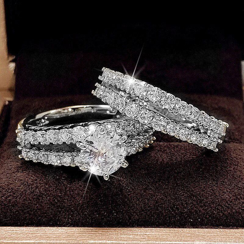 Hollow Double Layer Zircon Engagement Ring Set $20.50 Dana Fashion Color: Silver Size: No 10 Women's Accessories Product information: Type: Ring Treatment Process: Electroplating Color: silver, gold, rose gold Applicable people: women Size: no.6, no.7, no