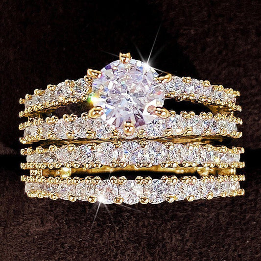 Hollow Double Layer Zircon Engagement Ring Set $20.50 Dana Fashion Color: Gold Size: No 10 Women's Accessories Product information: Type: Ring Treatment Process: Electroplating Color: silver, gold, rose gold Applicable people: women Size: no.6, no.7, no.8