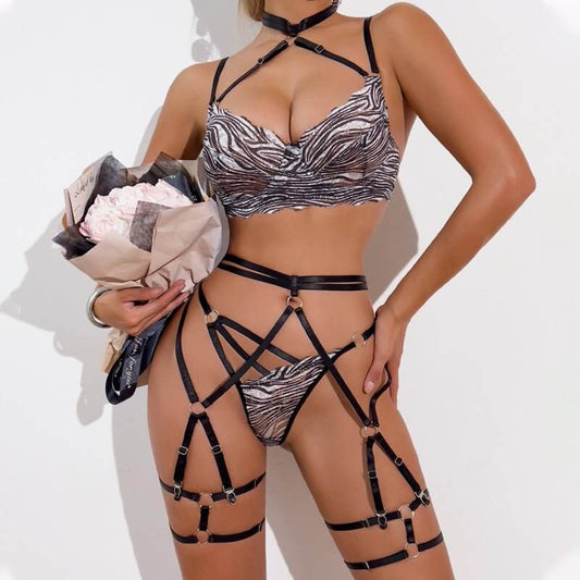 Hollow-out Halter Comfortable Underwear Suit Women $59.50 Dana Fashion Color: Zebra Color Size: L Women's clothing Product information: Fabric name: Mesh Color: Zebra Main fabric composition: Polyester Fiber Size: S,M,L Style: three-point, tights, game ou